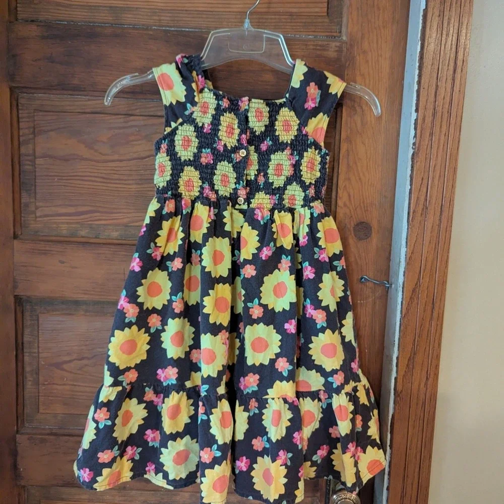 Gymboree Girls Sunflower Print Smocked Tiered Cotton Sundress Brown Yellow Sz 12